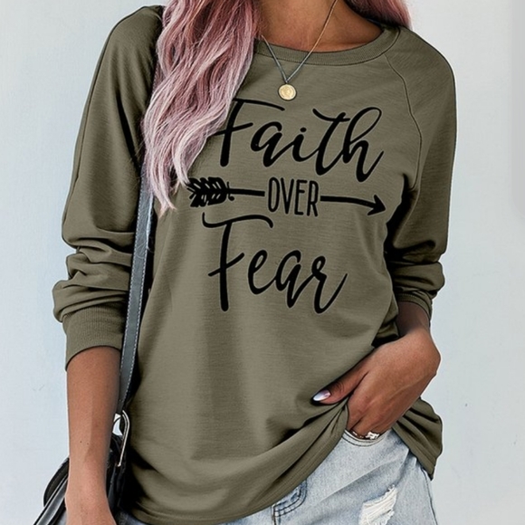 'Faith Over Fear' Olive Green Longsleeve Top - Picture 1 of 4